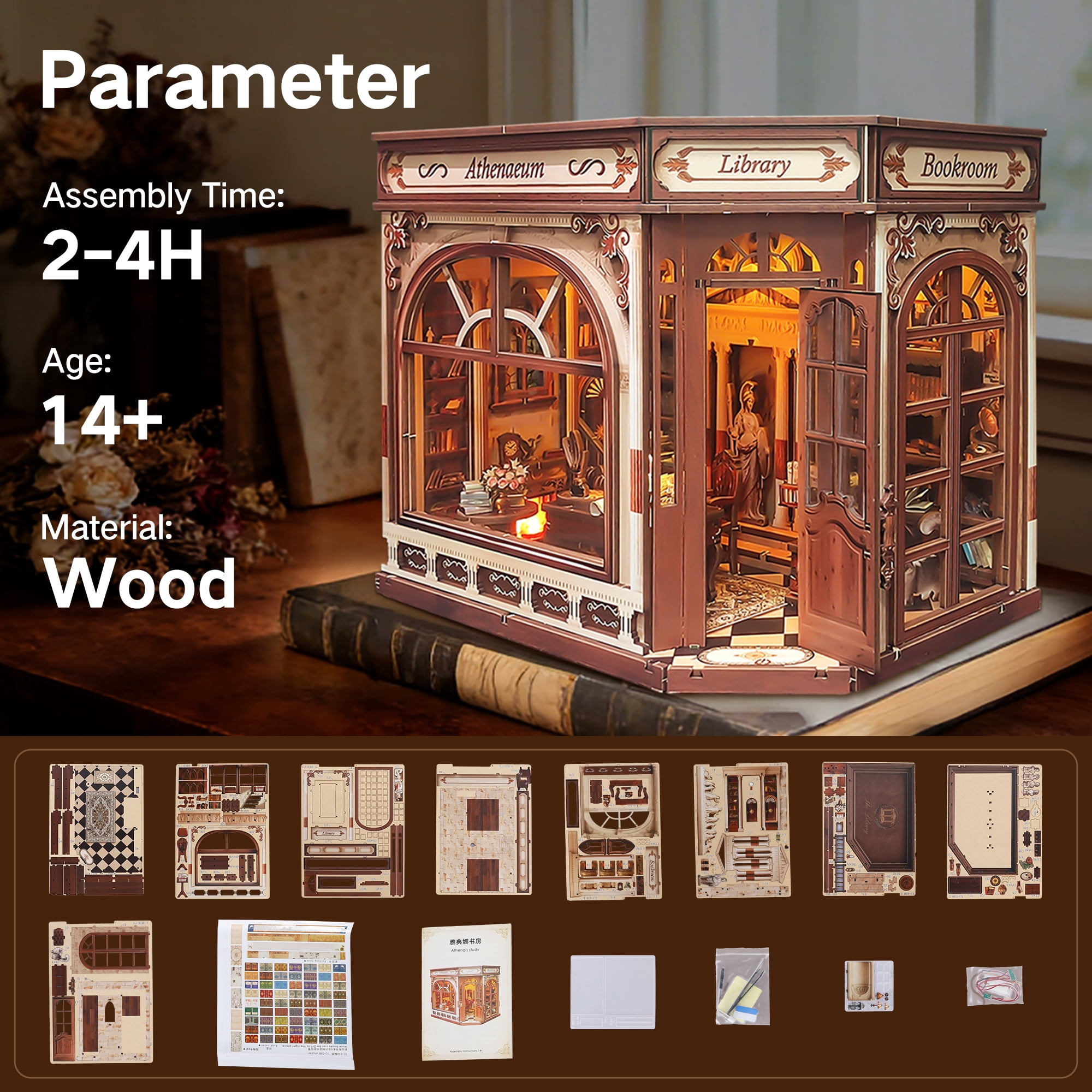 BELEEV Book Nook Kit,DIY Miniature Wooden Booknook with LED Lights,Openable Door 3D Puzzle,Bookshelf Decor Gift for Adults Teens - Athena's Library