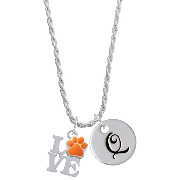 Delight Jewelry Silvertone Love with Orange Paw Silvertone Script Initial Disc - Q - Charm Necklace, 20"+3"