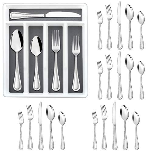 Flatware Set Mirror Polished RayPard 20-Piece Silverware Set Dishwasher Safe Service for 4 Include Fork/Spoon with 5-Compartment Non Slip Silverware Drawer Organizer Box Tray 