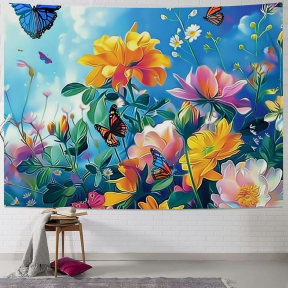 Patifu Flowers Butterfly Sky Tapestry Wall Hanging Unique Style Graphic Tapestries Home Wall Decor Art for Living Room Bedroom Apartment Farmhouse Dorm 40x30inch