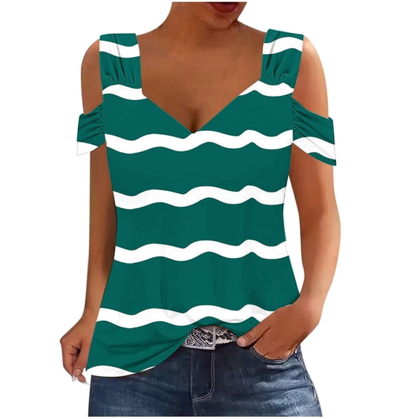 Camisas de Manga Corta para las Mujeres, Cuello en V Plegable de Impresión Del Hombro Top Casual Hecho de Poliéster Cómodo para el Verano, Tops de Bikini para las Mujeres