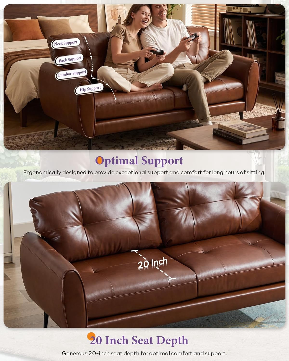 LAZZO 61" Faux Leather Loveseat, Mid Century Modern Tufted 2-Seat Sofa for Small Spaces, Brown