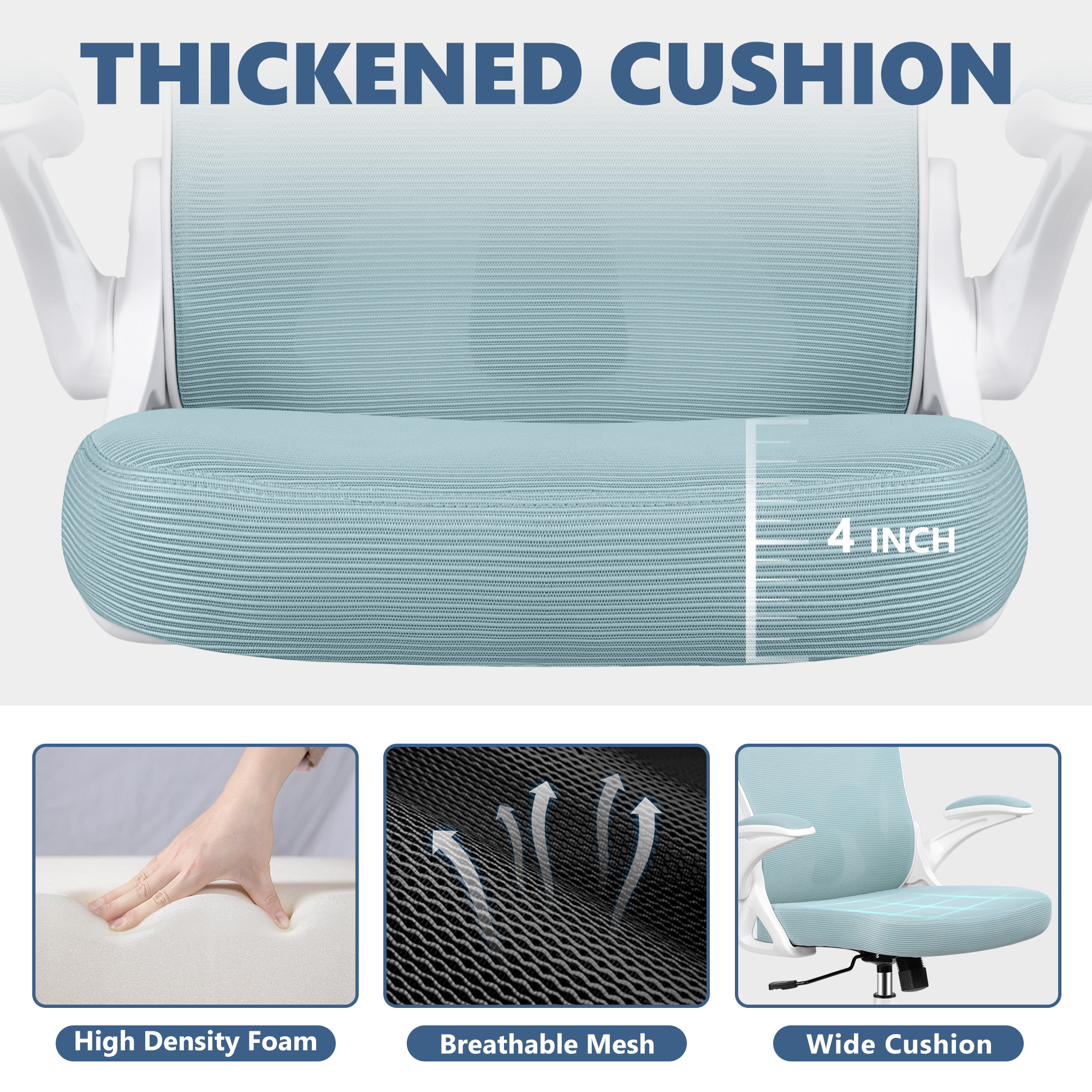 ATHOPE Office Chair, Ergonomic Desk Chair with Flip Up Armrests, Height Adjustable Computer Chair with Lumbar Support, Light Blue