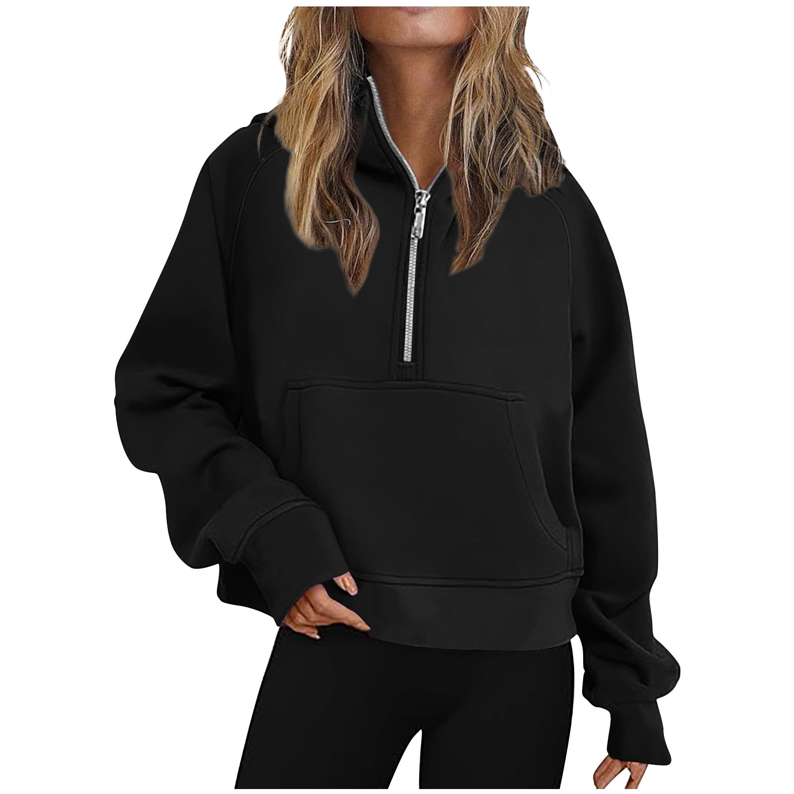 Dxzfnsa Womens Fall Winter Hoodies Women Fleece Half Zip Long Sleeve Pullover Sweatshirts Solid Color Pockets Cropped Sweatshirts Athletic Pullover Sweatshirts