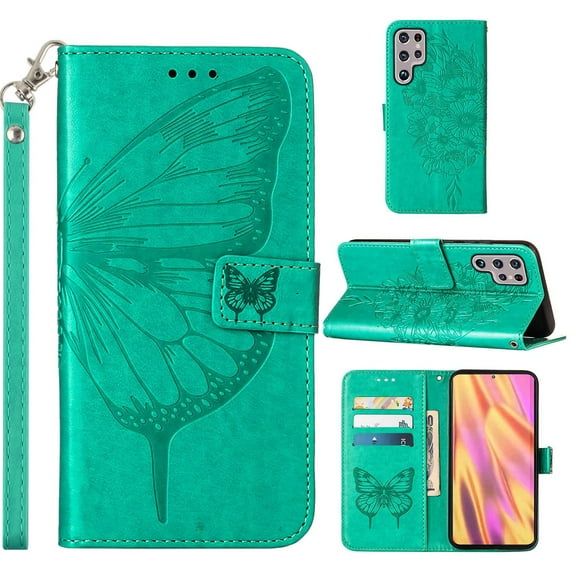 SaniMore Case for Samsung Galaxy S23 Ultra (6.8" 2023), PU Leather Skin with Luxury Embossed Butterfly [Wrist Strap & Card Slots & Flip Kickstand] ull-body Shockproof Business Wallet Cover, Green