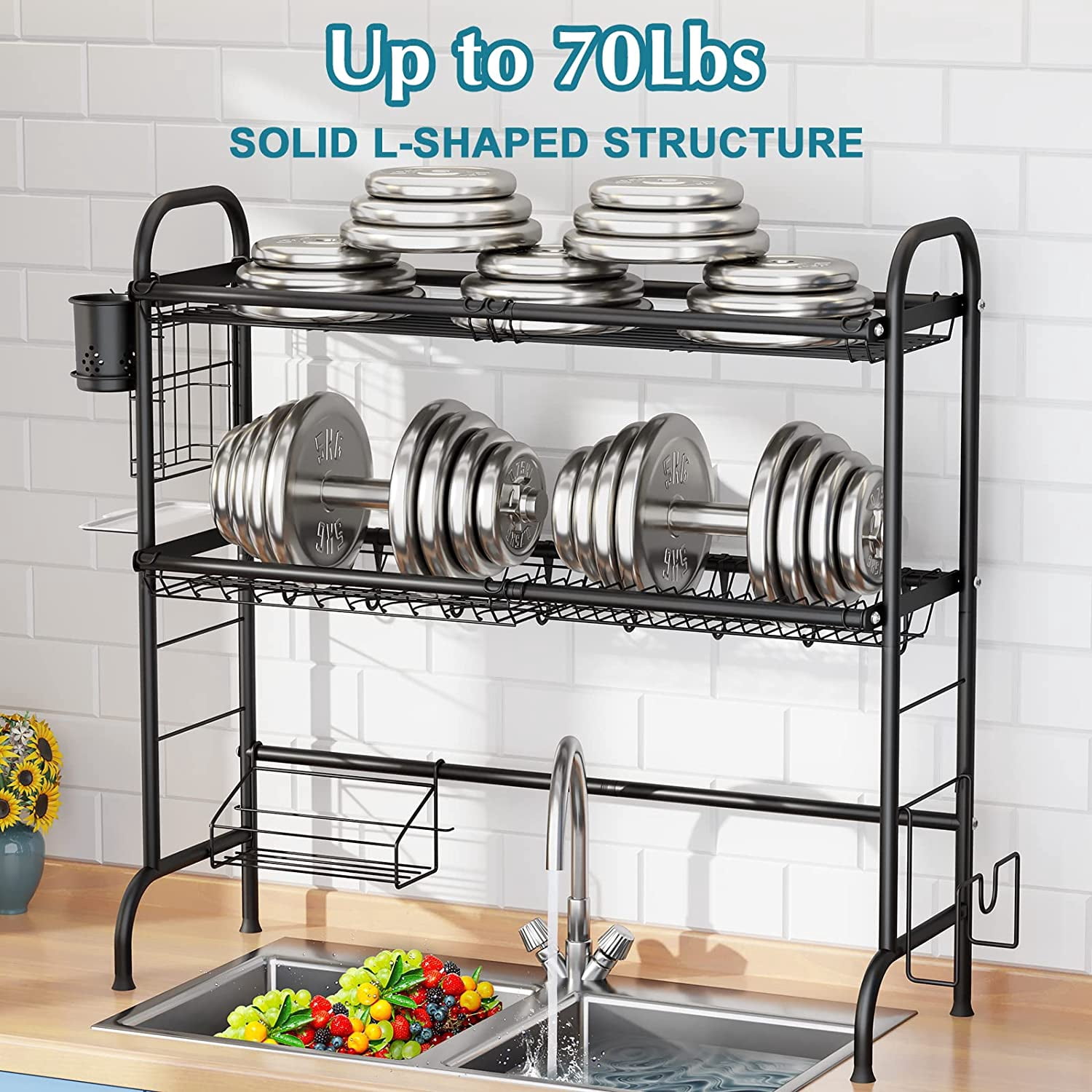 3-Tier Over The Sink Dish Drying Rack, Stainless Steel with Cutlery & Board Holder, Black