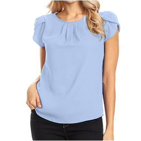 

summer tops for women Women s Chiffon Solid Color Short Sleeve Round Neck Casual Shirt Short Sleeve Blouse Corset Tops for Women Light Blue 3XL