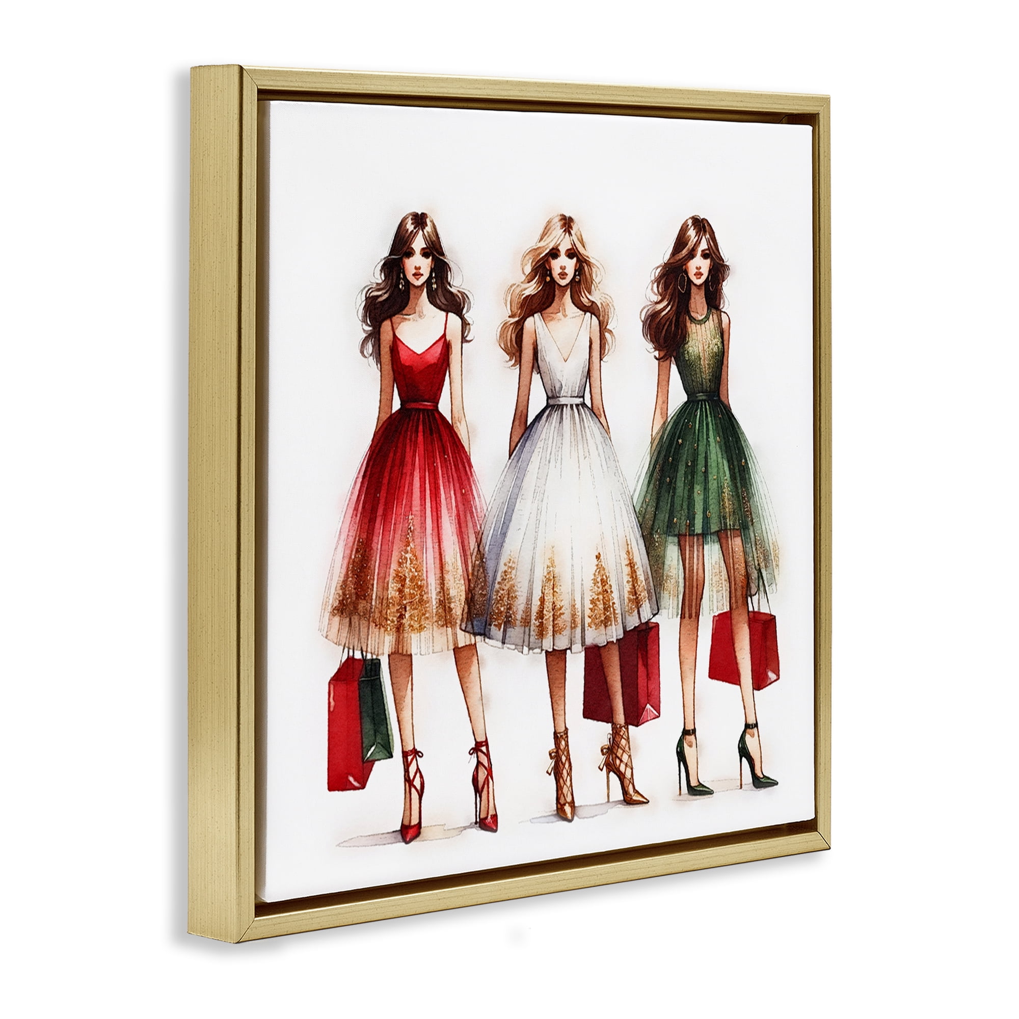 Stupell Industries Trendy Christmas Girls Holiday Painting Gold Floater Framed Canvas Art Prints Wall Art, 25 x 25