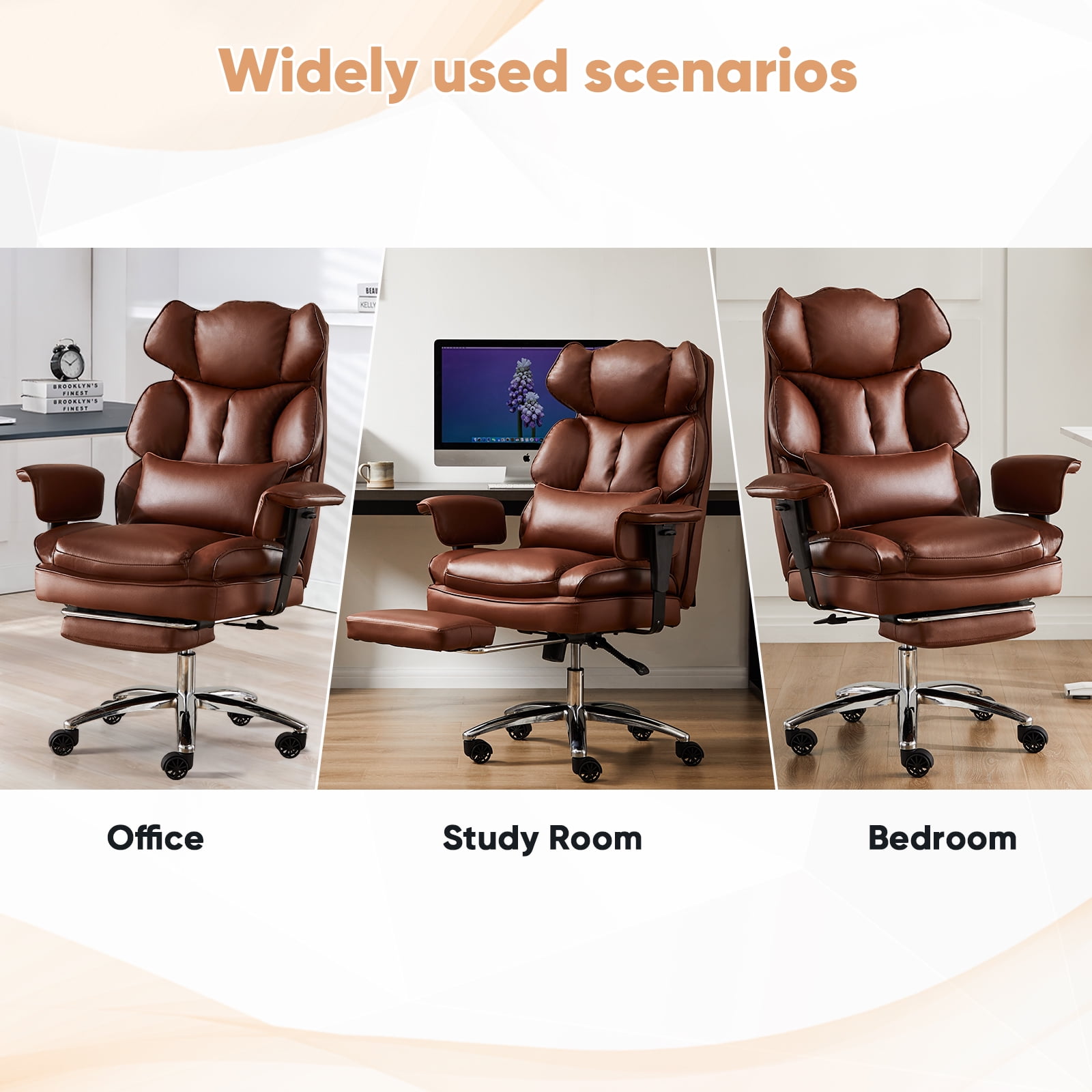GIANNA Executive Home Office Desk Chair with Swivel Wheels, Footrest & Lumbar Support, Reclining Height Adjustable, Brown