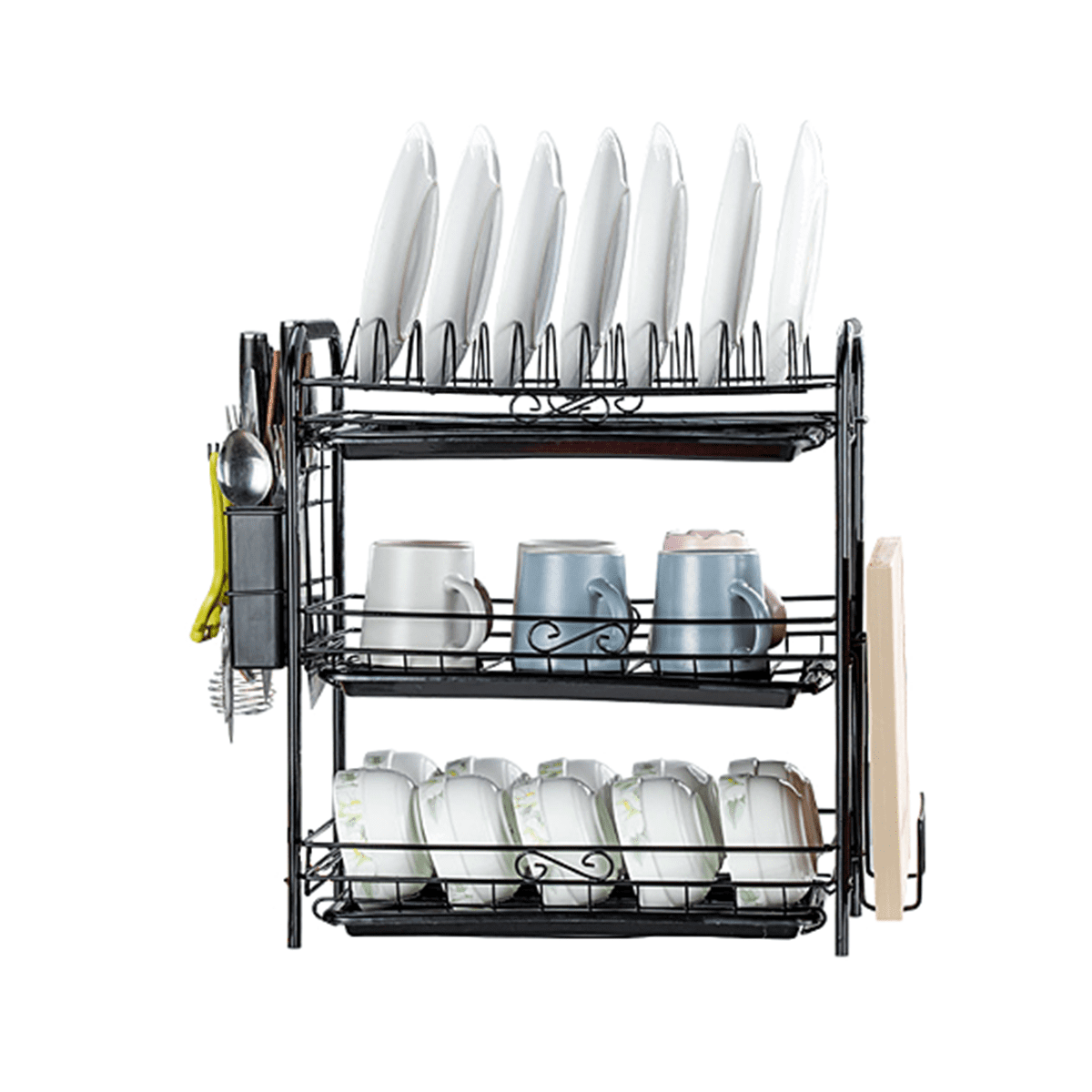 2/3 Tier Metal Iron Dish Drain Drying Rack with Drainage Board and Hanging Chopsticks Holder