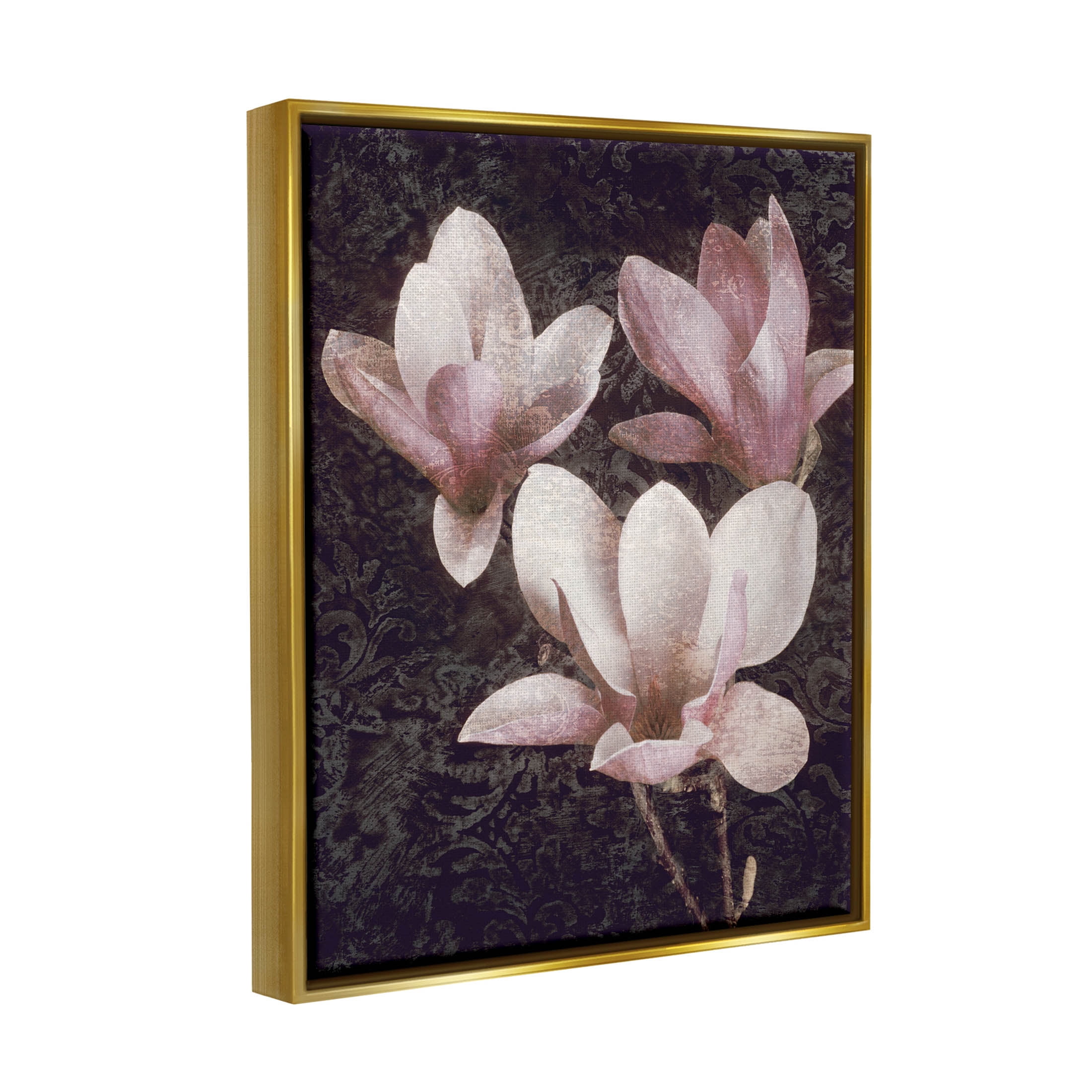 Vintage Pink Blooms Damask Pattern Botanical & Floral Graphic Art Metallic Gold Framed Art Print Wall Art