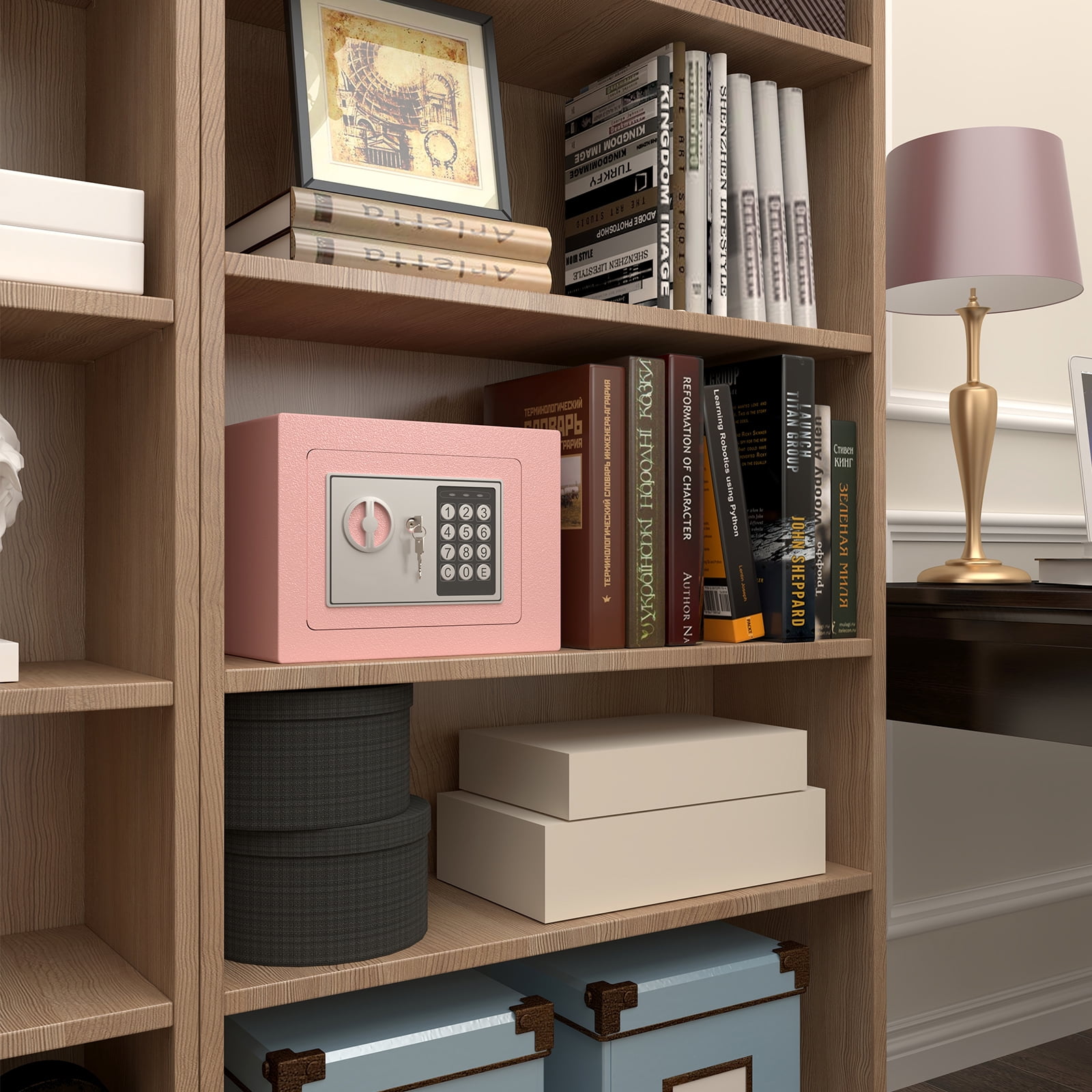 Marcree Mini Safe, 0.23 Cubic Pink Safe Box, Key Lock Box with Code, Steel Security Box with Key, Safe for Money, Jewelry, Hotel or Business, Pink Lock Boxes for Personal Items, Electronic Lock