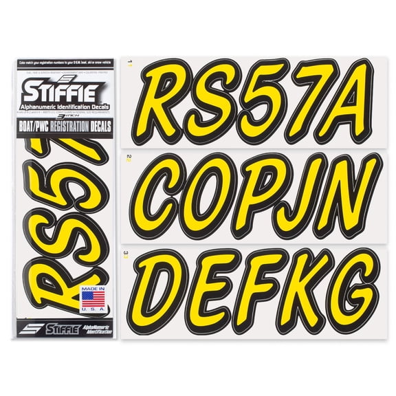 STIFFIE Whipline Solid Electric Yellow/Black 3" Alpha-Numeric Registration Identification Numbers Stickers Decals for Boats & Personal Watercraft