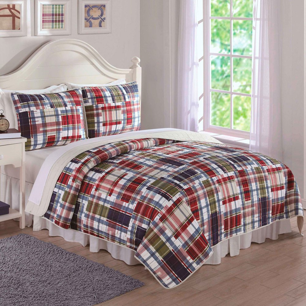 Navy Khaki Preppy Plaid Bedding Quilt Set