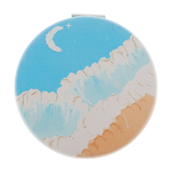 Unique Bargains 1 Pc Women Round Hand-drawn Makeup Mirror for Travel Vacation Blue White Orange Metal PU Glass
