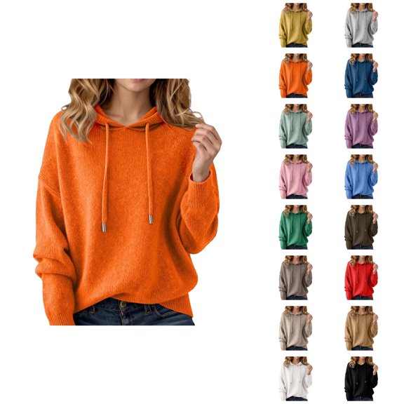 Sweater Hoodie for Women 2026 Fashion Fall Winter Long Sleeve Knit Solid Color Hooded Sweatshirt Pullover Top