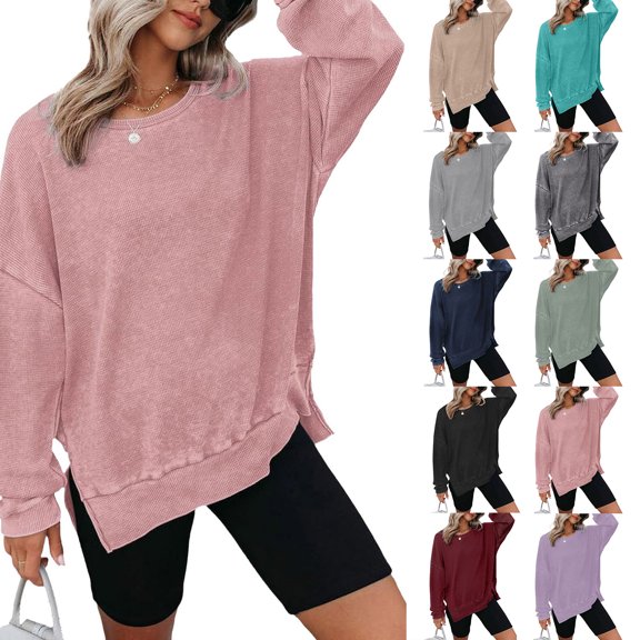 Oversized Sweatshirt for Women Waffle Knit Crewneck Sweatshirts Long Sleeve Side Slits Casual Pullover Tops, S-2XL