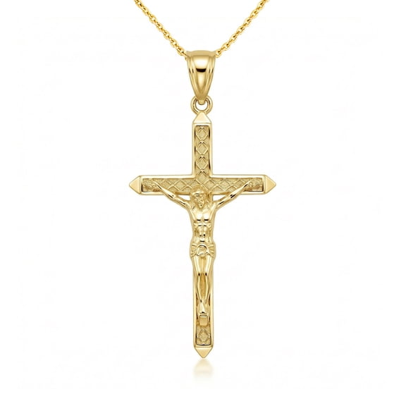 10k Yellow Solid Gold Passion Cross Crucifix Pendant / Necklace (16 Inches)