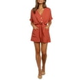 thumbnail image 2 of Liacowi Women Wide Leg Shorts Romper Loose Button Down Short Sleeve Jumpsuit V Neck Waist Belted Rompers, 2 of 7