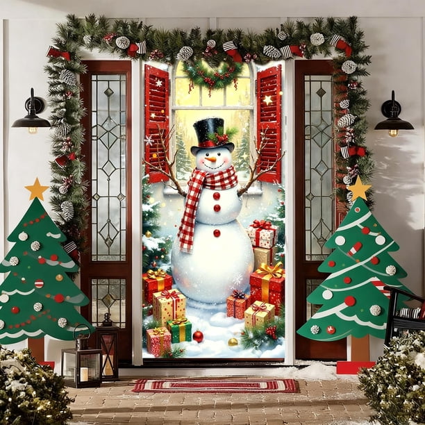 Christmas Door Curtain Santa Claus Polyester Fabric Decorative Cover for Holiday Party Wall and Door Hanging Festival Home Decor