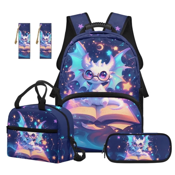Jeiento 4-Piece Kids Backpack and Lunch Box Set 17 Inch Reading Baby Dragon Bookbag with Pencil Case & Bookmarks for Boys Girls Elementary School Back to School