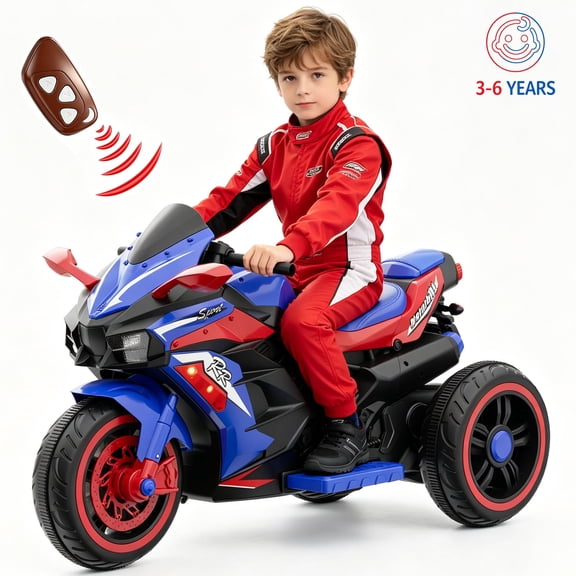 HNH Kids Motorcycle for Kids 3-6, 12V Battery Powered Bike Electric Motorbike with Remote Control, LED Lights, Bluetooth Music, Ride on Toys