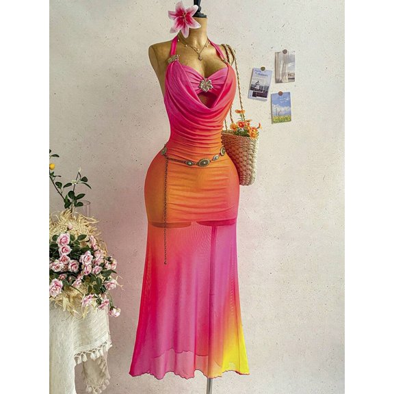 Pink Gradient Halter Deep V-Neck Maxi Dress With Ornamental Belt And Floral Accent For Beach Resort Summer