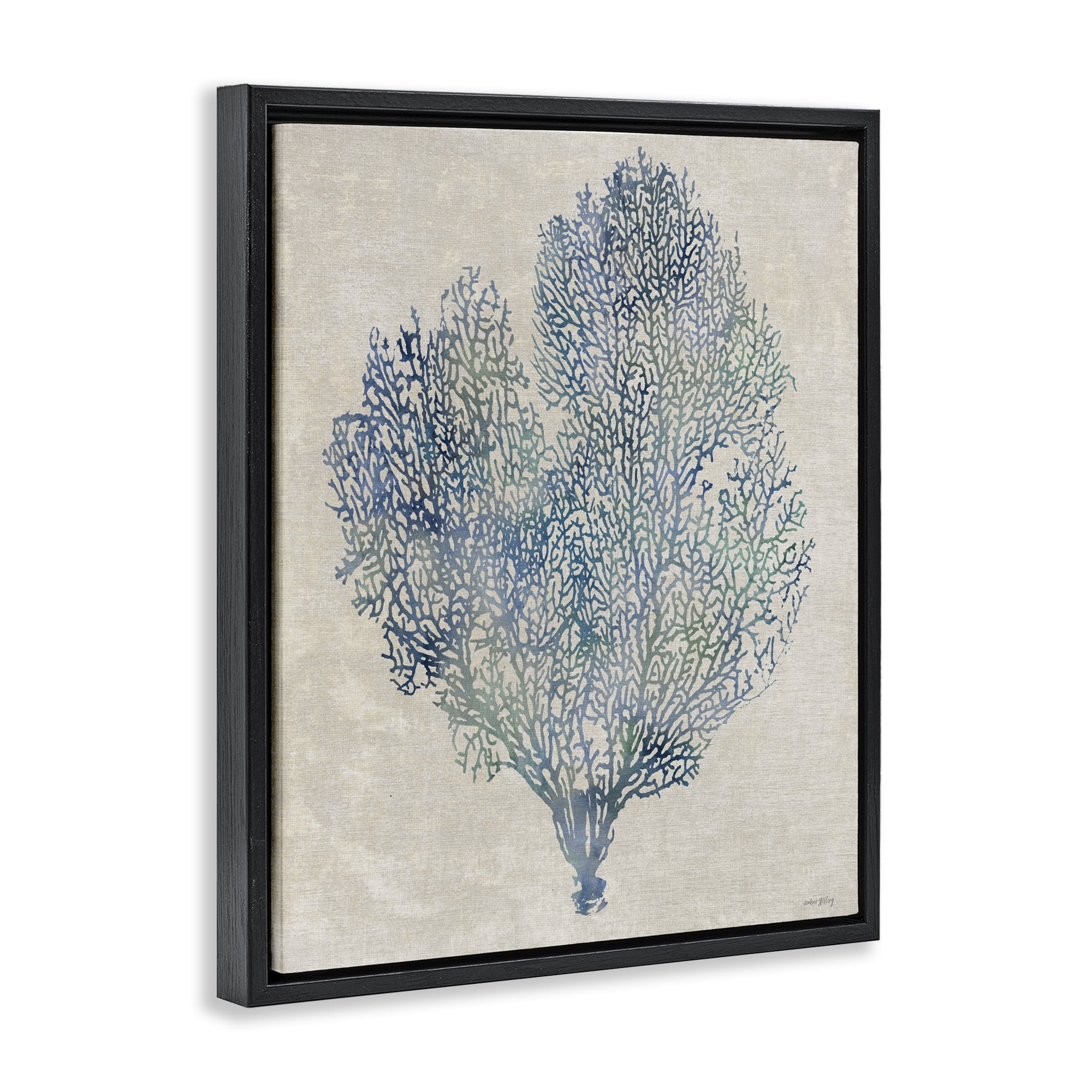 Stupell Industries Fan Coral in Blue & Green Black Framed Floater Canvas Wall Art, design by Amber Sterling