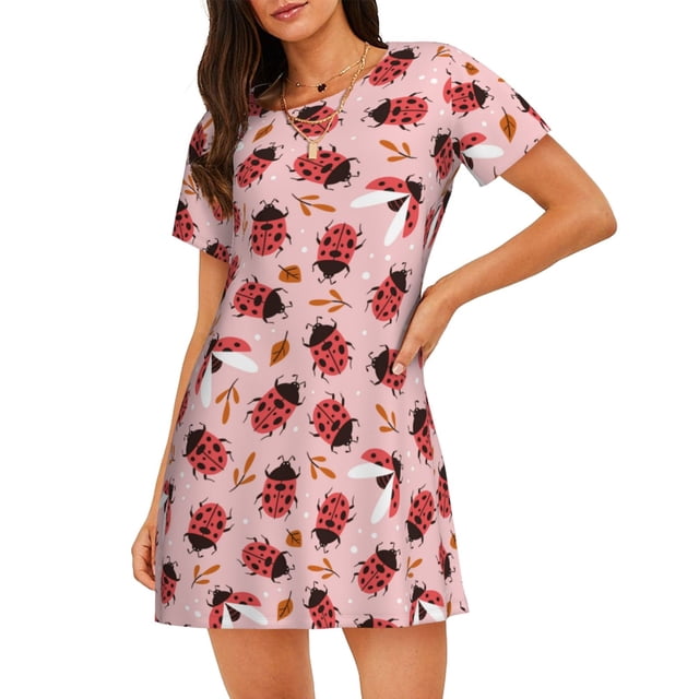Fotbe Cute Ladybugs 1 Bata de Dormir para Mujer con Estampado, Camisón de Algodón de Manga Corta, Ropa de Dormir Casual