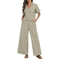 thumbnail image 6 of Women's 2 Piece Summer Outfit - Short Sleeve V Neck Crop Top + Wide Leg Pants, Polyester/Spandex, Printed, 6 of 8