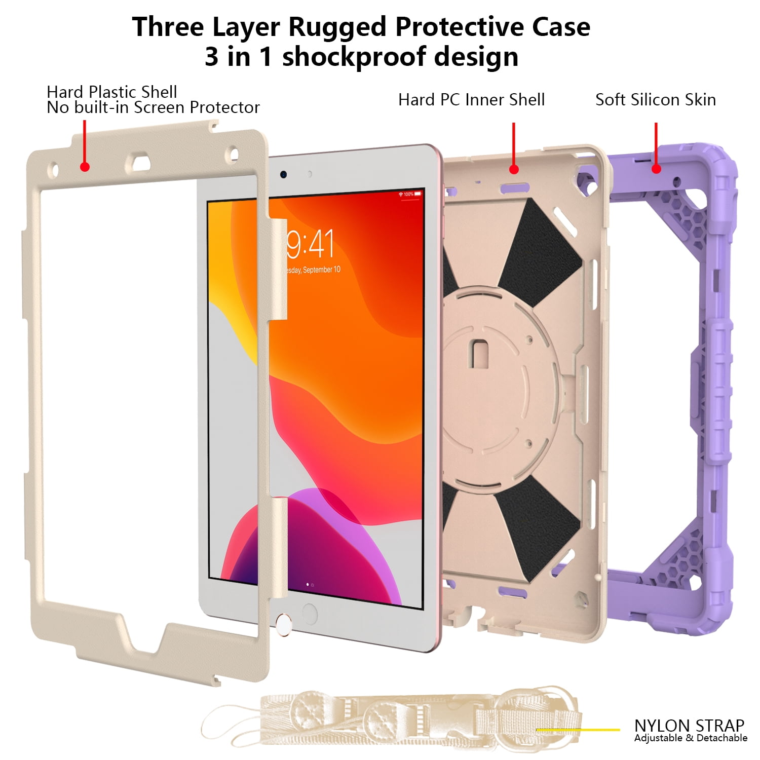 Case for iPad 9.7-inch 2018/2017, iPad Air 2 Case, iPad Pro 9.7 Cover, Kids Shockproof Rugged Hybrid 360 Rotating Stand Cover with Hand Shoulder Strap/Pencil Holder
