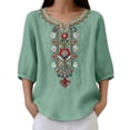 thumbnail image 7 of HongQid Boho Floral Embroidered Blouse for Women – V-Neck 3/4 Sleeve Casual Loose Fit Top, Lightweight Bohemian Tunic for Summer,Mint Green XL, 7 of 7