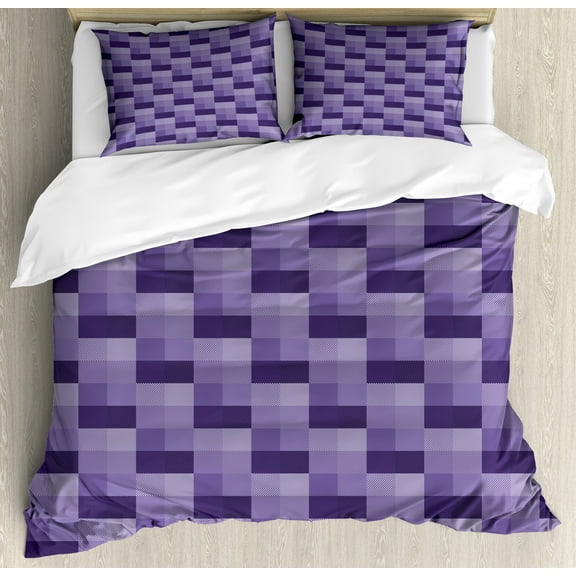 Ambesonne Abstract Duvet Cover Set, Plaid Print with Stripes, Calking, Purple Quartz
