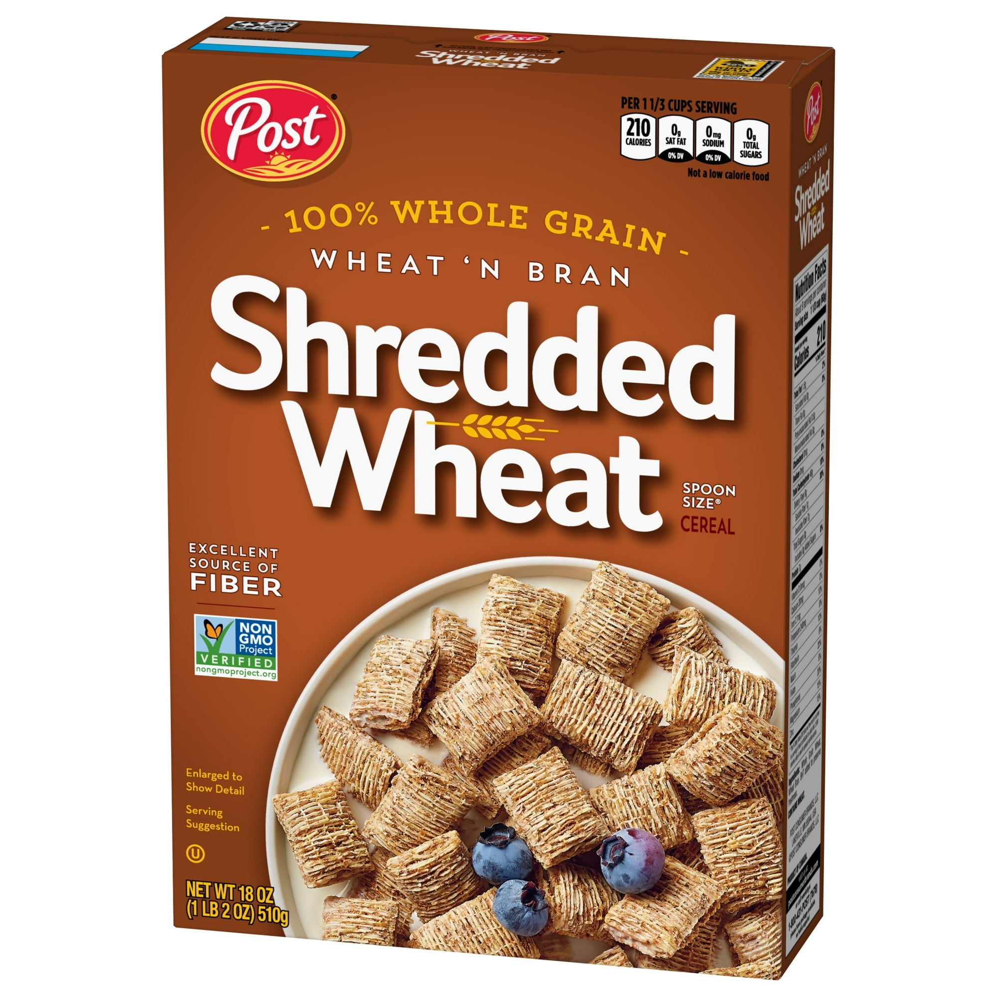 Post Wheat n Bran® Shredded Wheat, Breakfast Cereal, Excellent Source of Fiber, Kosher 18 Ounce (Pack 6)