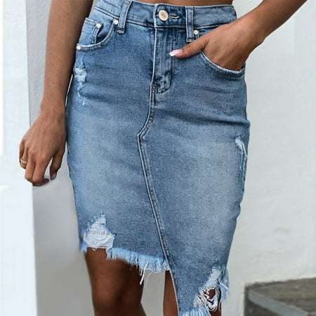 

Womens Classic Blue Buttons Pockets Ripped Denim Skirt Corset Skirt Swing Skirt