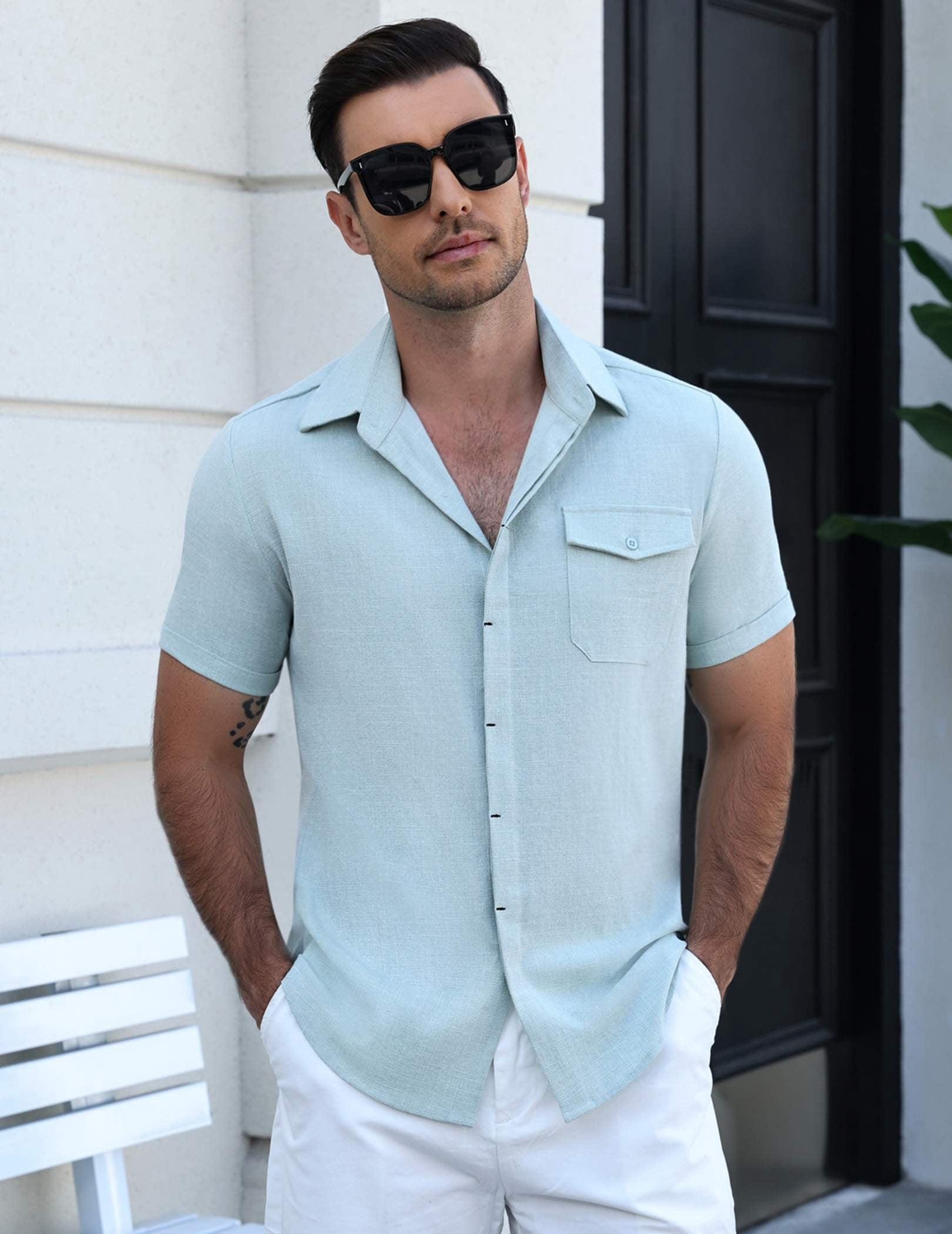 COOFANDY Men's Cool Linen Cotton Short Sleeve Shirt, Casual Button Down Shirt for Beach Summer Wedding Daily