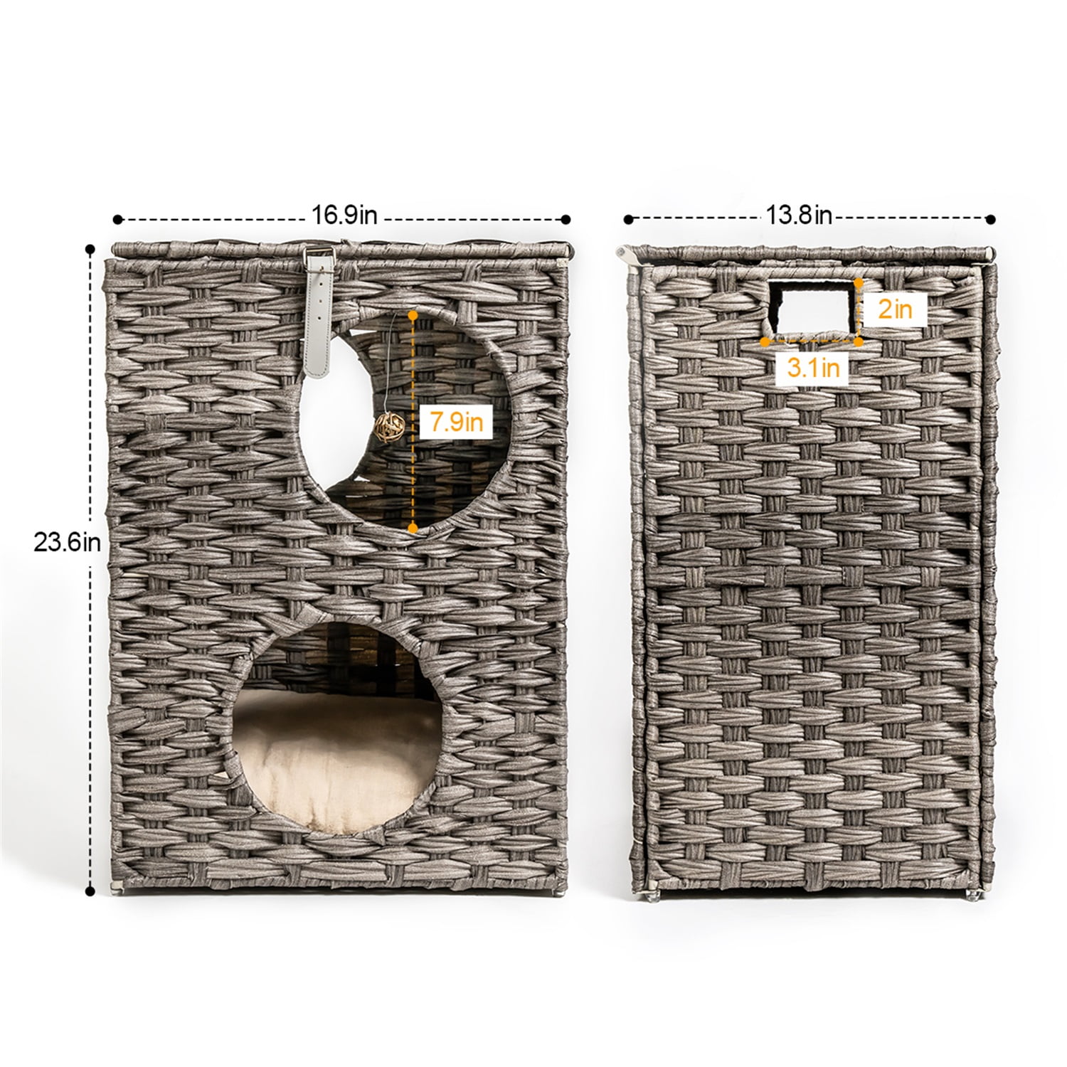 Pefilos 16.9 Inch Two Tier Rattan Cat Bed, Wicker Kitten House Square Condo with Rattan Ball and Cushion, Gray Pefilos 16.9 Inch Two Tier Rattan Cat Bed, Wicker Kitten House Square Condo with Rattan Ball and Cushion, Gray