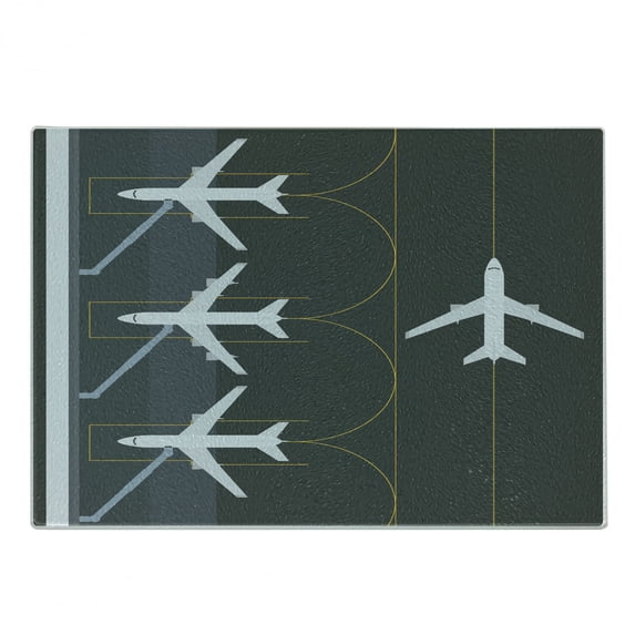 Airport Cutting Board, Aviation Themed Simple Illustration of Parked Airplanes Landed in Airfield, Decorative Tempered Glass Cutting and Serving Board, in 3 Sizes, by Ambesonne