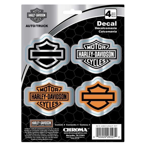 Harley-Davidson 4-Piece Chromed Bar & Shield Logo Decals - Silver - 6 x 8 in., Harley Davidson