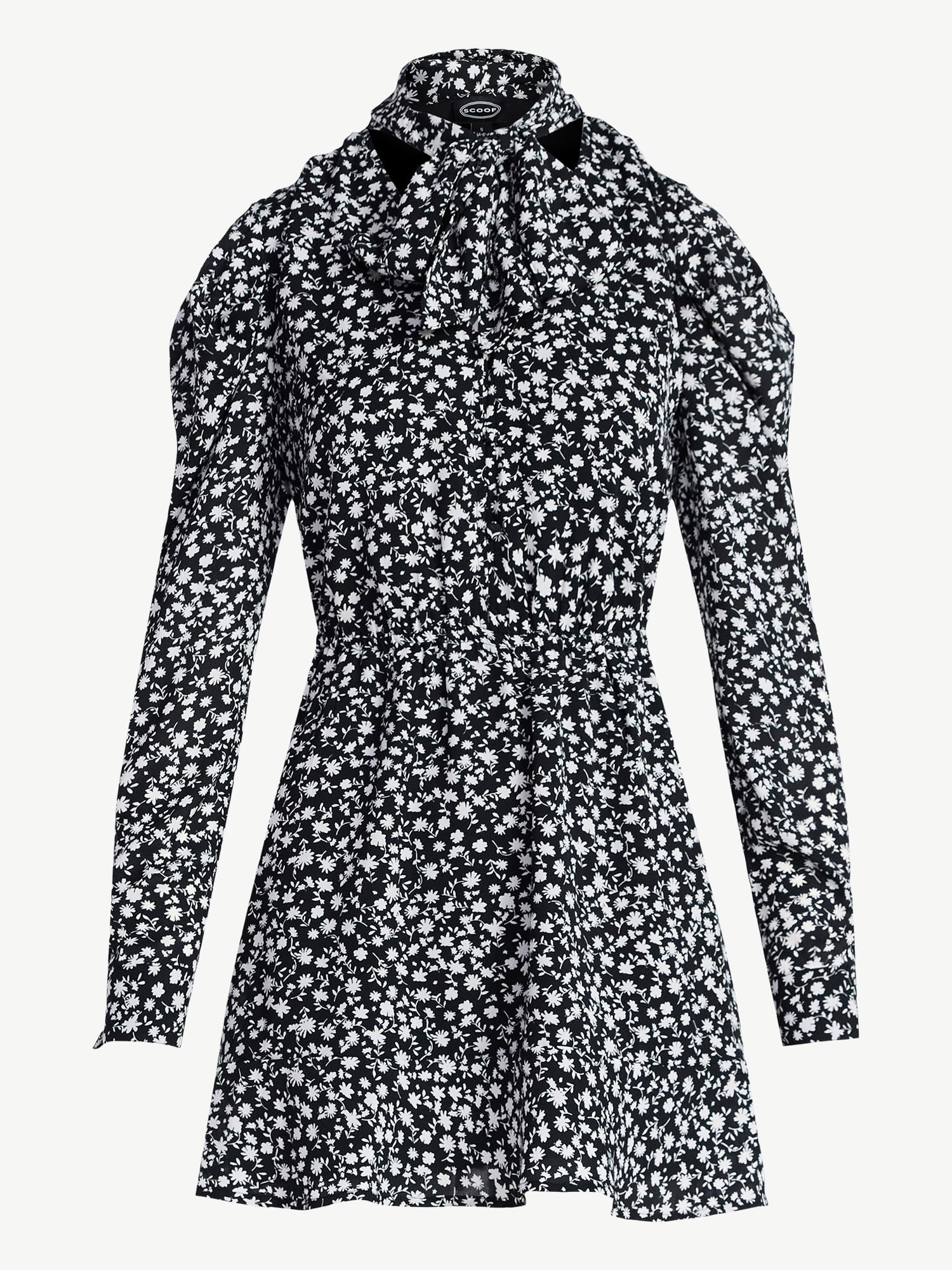 Scoop Women's and Women's Plus Tie Neck Mini Dress with Long Sleeves, Sizes XS-4X