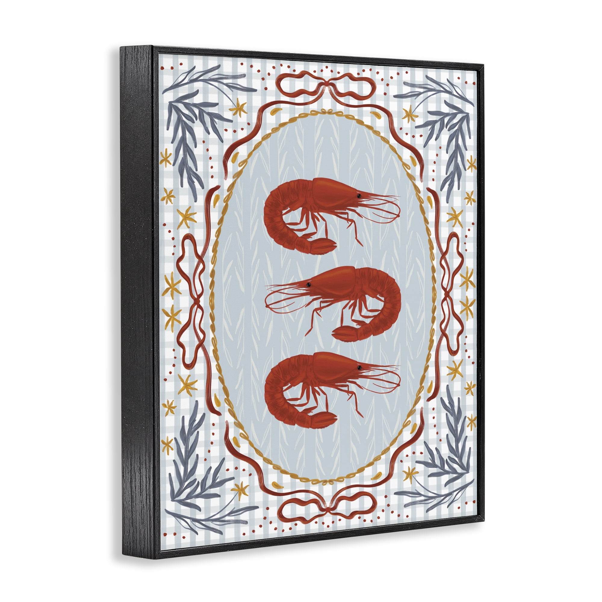 Stupell Industries Three Red Prawns on Gingham Black Framed Giclee Art, design by Vero Illustrates
