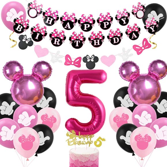 Cartoon Mouse 5th Birthday Decorations Party Supplies for Girls Rose Red Mrs. Mouse Theme Happy Birthday Banner Garland Mouse Head 5 Balloon Cake Topper