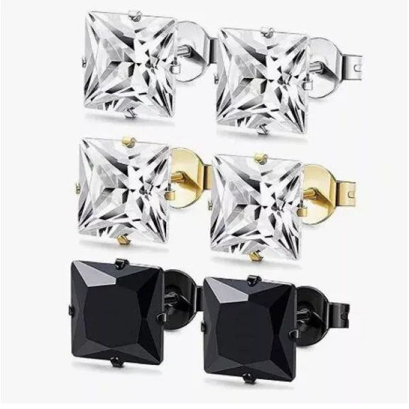 3 Pairs 14K Gold Plated Square Cubic Zirconia Solitaire Men Women Stud Earrings