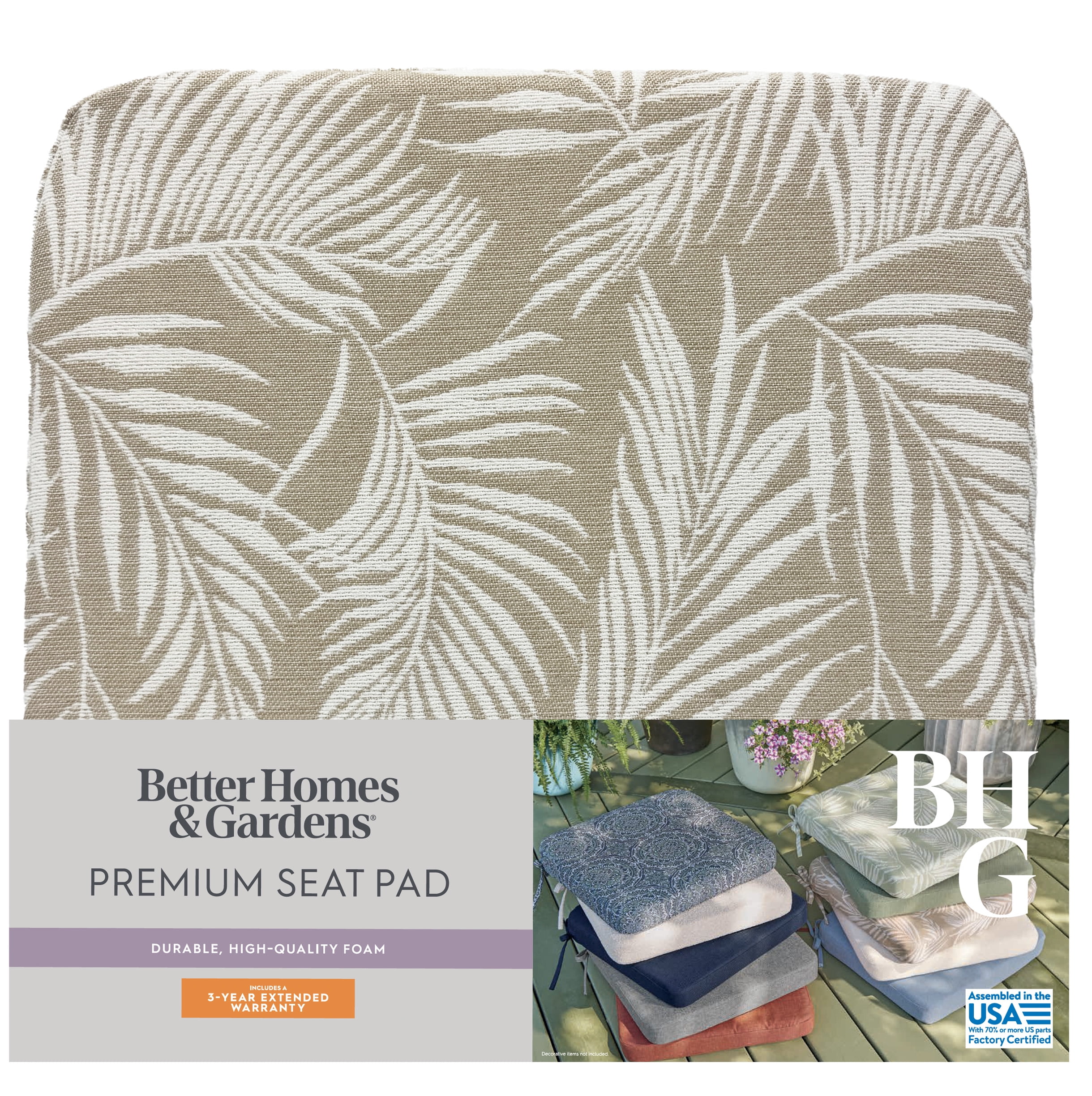 Better Homes & Gardens Rectangle Outdoor Seat Pad Cushion, 19 in x 18 in, 1-Piece, Palm Tan