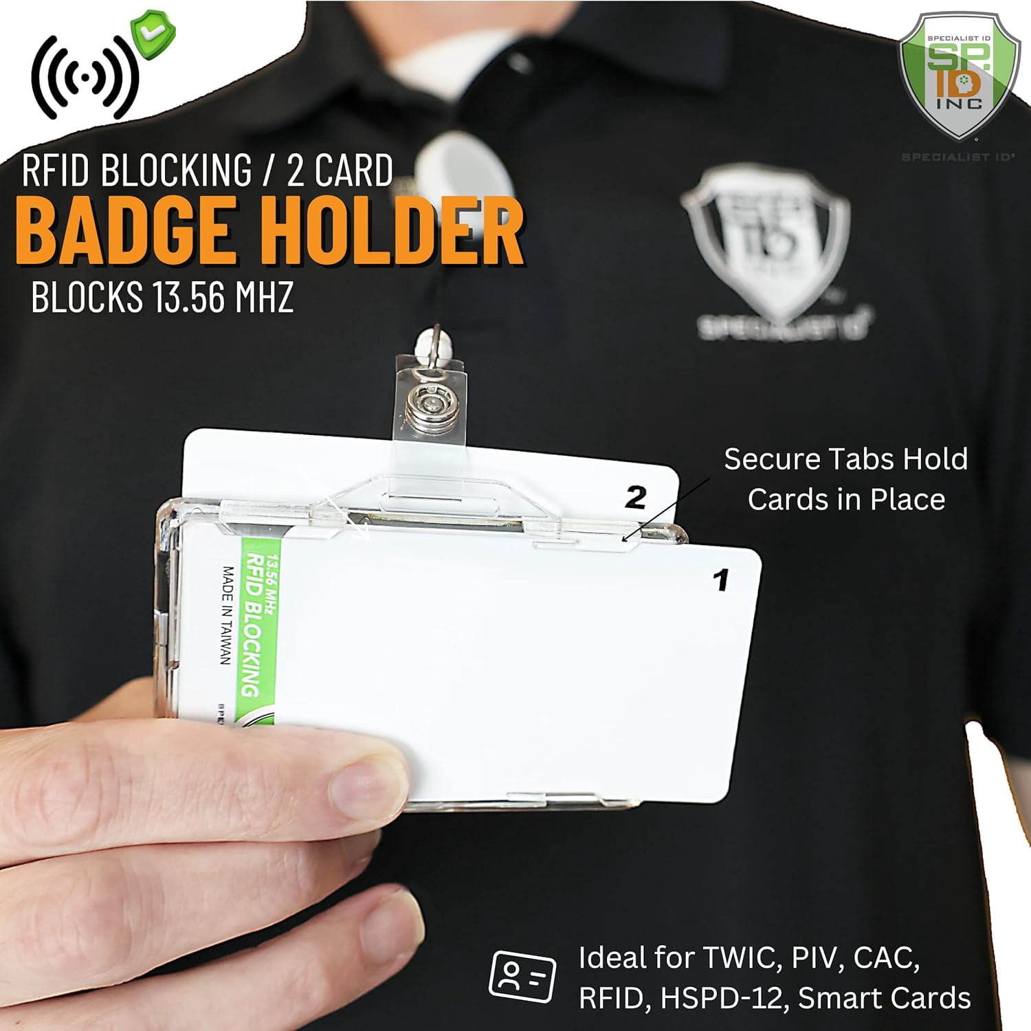 Bulk 20 Pack - SPECIALIST ID Horizontal RFID Blocking Badge Holder - Secure Dual ID Protector for CAC, TWIC, PIV, HSPD-12 Smart Cards - Durable Hard Plastic 2 Card Shielded Holder - RFID Case