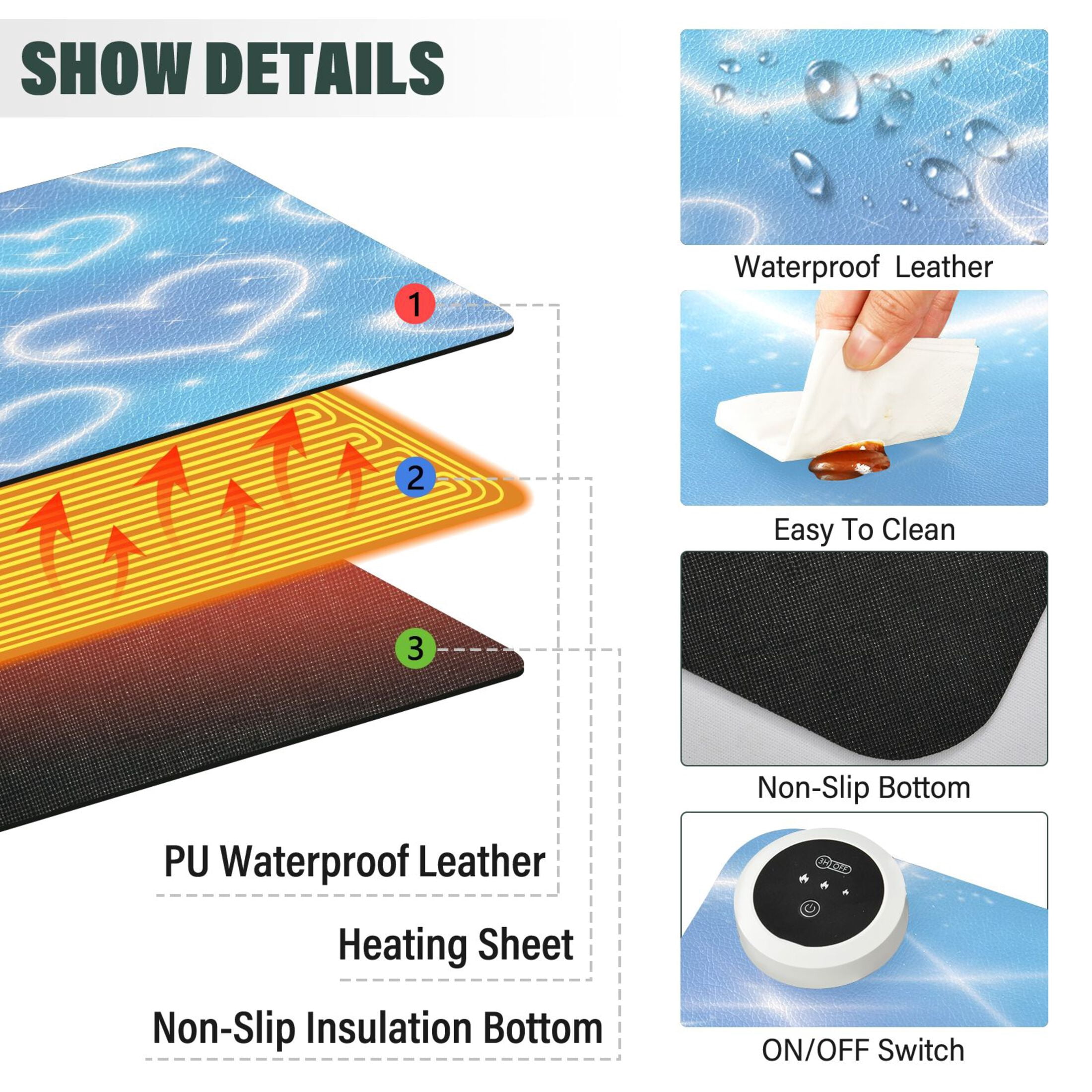 Large Heated Desk Mat Mouse Pad 31.5"x13"PU Leather Graphene Heating Desk Warmer with 3 Temperature Settings 110V US Plug Non-Slip Warm Pad for Home, Office, and Gaming Blue Diamond Heart Shower