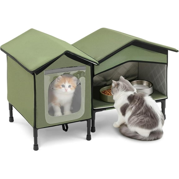2 Pcs Outdoor Cat House and Cat Feeding Station 18.5 x 16.3 x 12.9 Inch Weatherproof Insulated Feral Pet House Shelter for Outside Winter Easy to Assemble