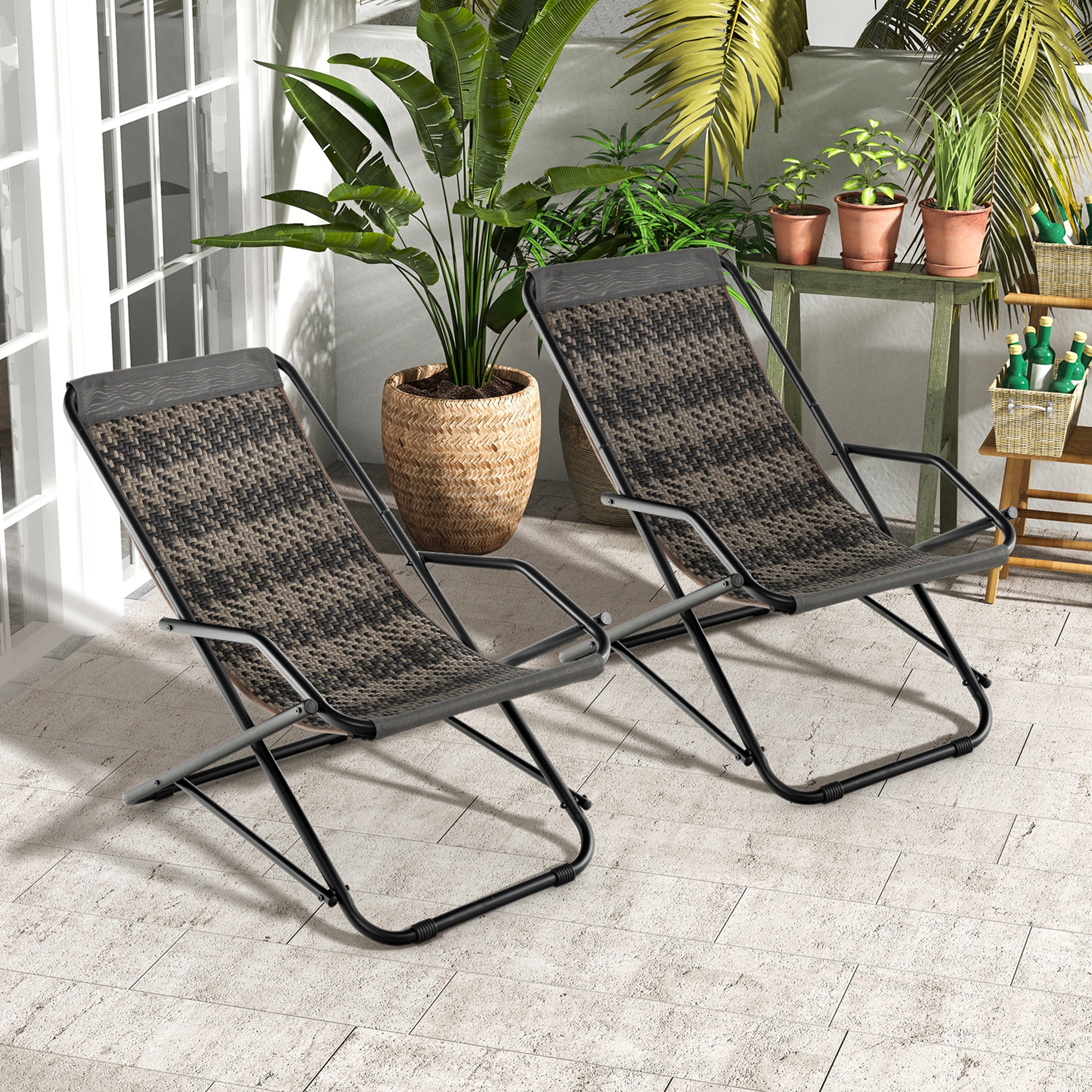Costway 1 PC Patio Folding Rattan Sling Chair Rocking Lounge Chaise Armrest Garden Portable - image 2 of 8