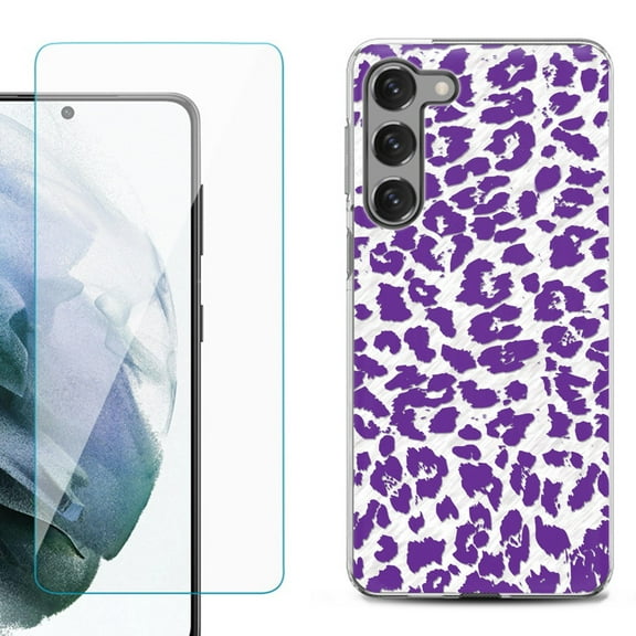 Shockproof Fashion Phone Case for Samsung Galaxy S23  / S23 Plus 5G, with Tempered Glass Screen Protector, by OneToughShield ® - Cheetah Purple