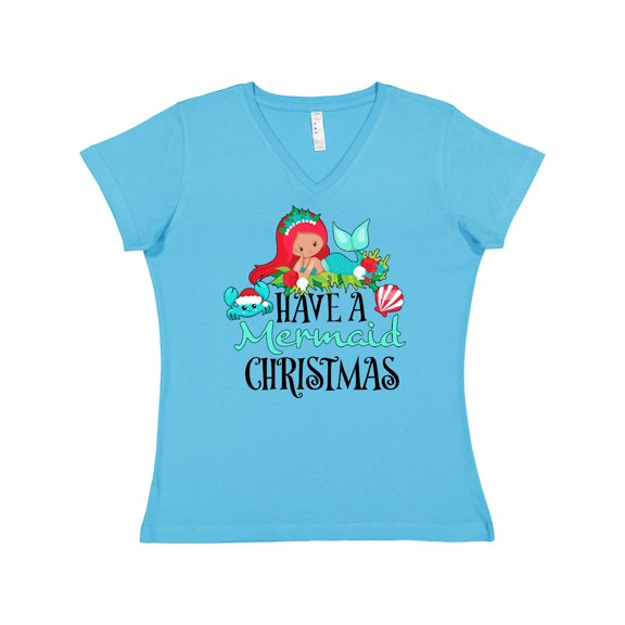 Inktastic Have a Mermaid Christmas with Crab and Seashell Women's V-Neck T-Shirt